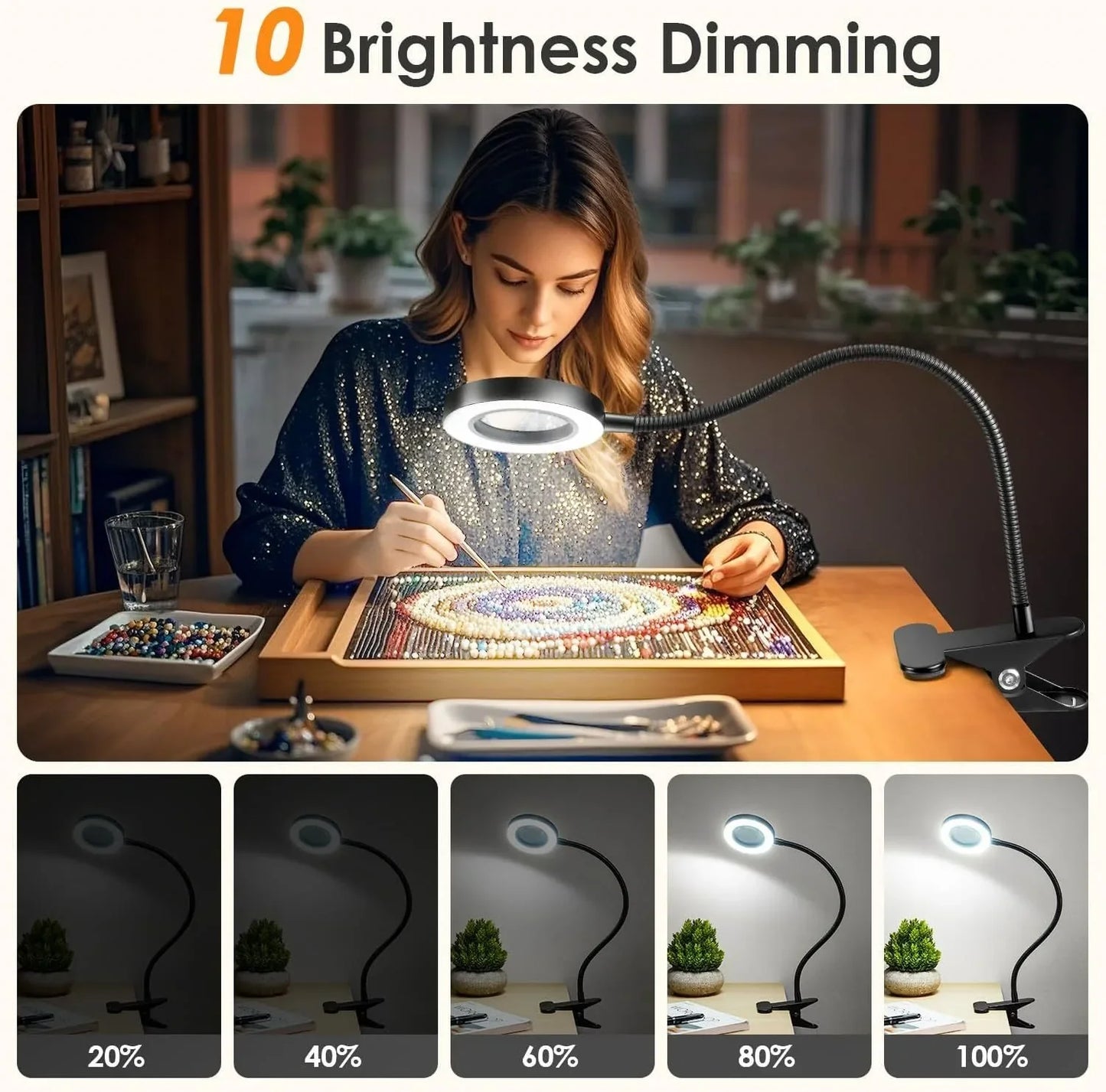 Perfecsy 10X Magnifying Lamp with LED ring light, metal clamp, flexible gooseneck for nail art on Tampa Home & Garden Store
