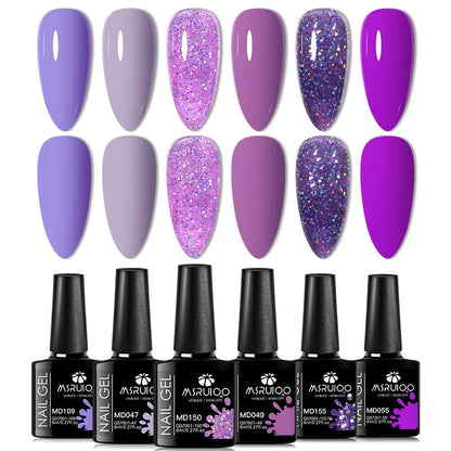 6pc Silcy Skin nail gel polish set lilac to purple shades with glitter accents UV-curing bottles on Tampa Home & Garden Store