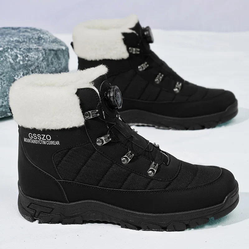 Mens Winter Snow Boots in black with white faux fur collar, eyelets, rugged outsole GSSZO on Tampa Home & Garden Store