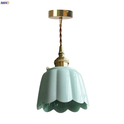 DecorBites lotus flower ceramic LED pendant lampshade mint blue with brass hardware on Tampa Home & Garden Store