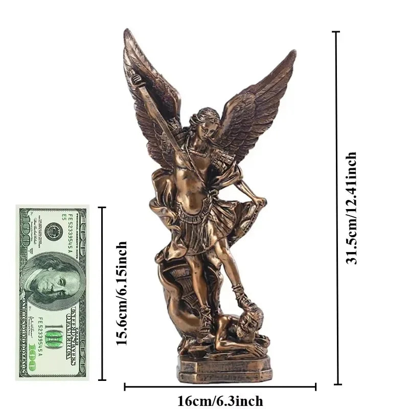 Bronze resin Saint Michael Archangel statue with wings standing over a demon for decor on Tampa Home & Garden Store