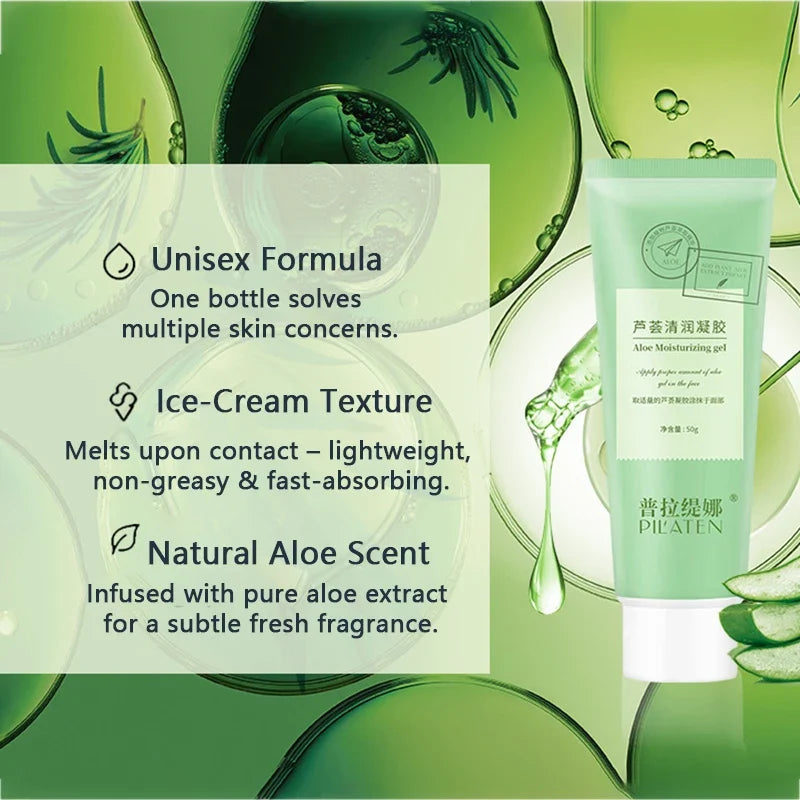 Aloe Moisturizing Gel tube by Silcy Skin, 50g, green packaging with unisex formula and ice-cream texture on Tampa Home & Garden Store