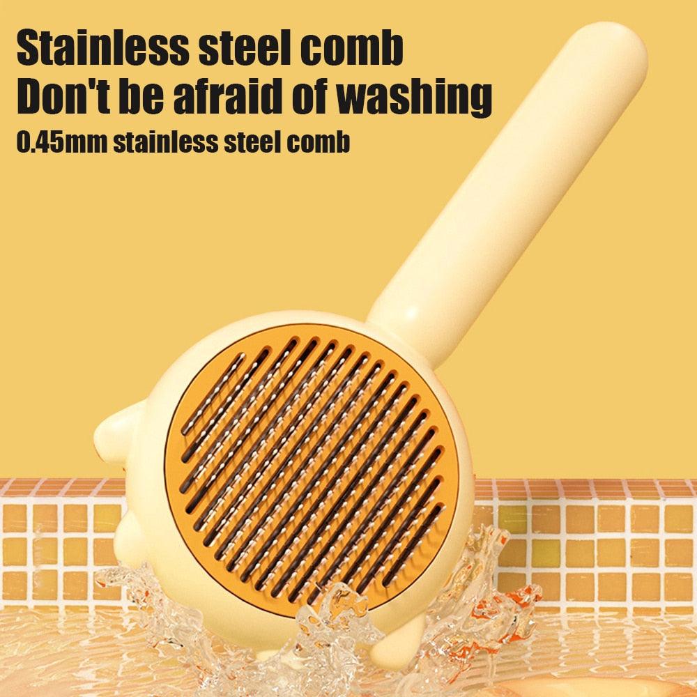 Cat and dog grooming brush by Stevvex with stainless steel needle comb, yellow head, long handle on Tampa Home & Garden Store