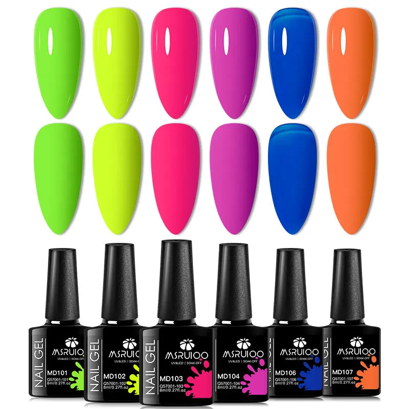 6pc Silcy Skin neon gel nail polish set with UV pigment in lime pink purple blue orange on Tampa Home & Garden Store