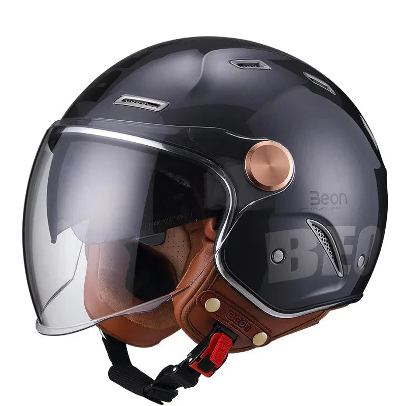 Retro open-face helmet BikerZoneZ, black gloss shell with copper accents and leather strap on Tampa Home & Garden Store