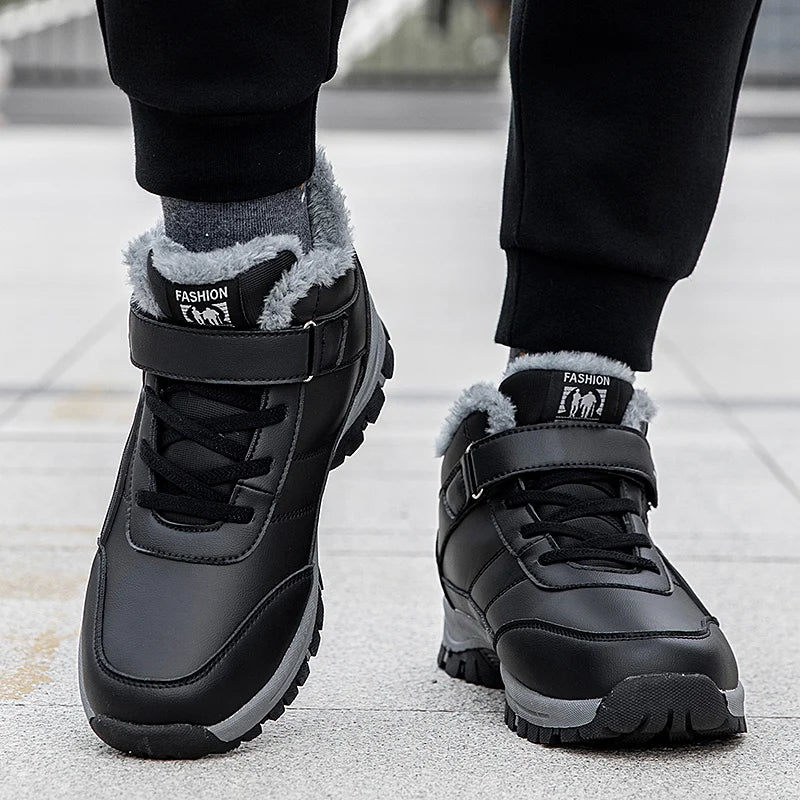 Men's black waterproof winter boots with gray faux-fur lining and rugged outsole on Tampa Home & Garden Store