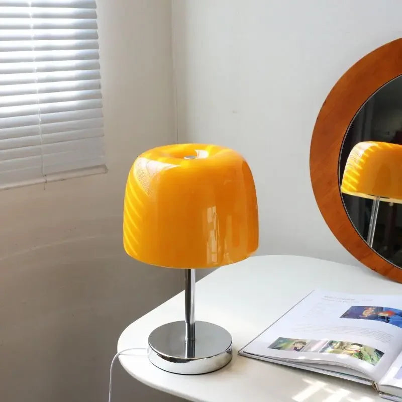 Amber glass table lamp with chrome stem and round metal base on Tampa Home & Garden Store