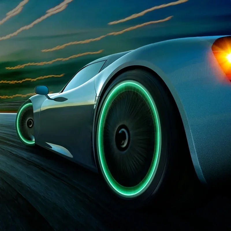 Luminous valve caps dustproof on a high-performance car with neon green wheel ring lighting on Tampa Home & Garden Store