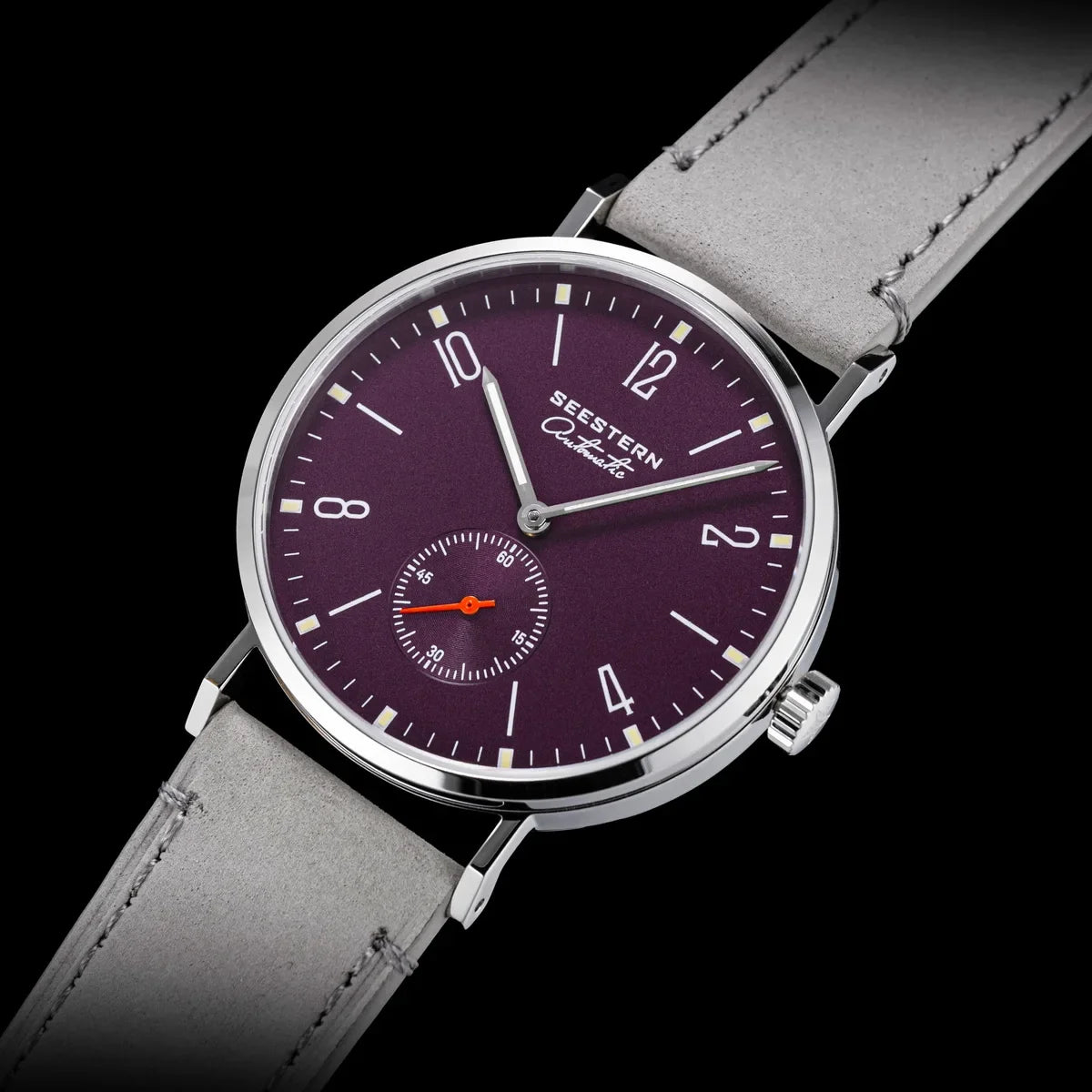 Men's ultra-thin automatic dress watch purple dial stainless steel case gray leather strap on Tampa Home & Garden Store