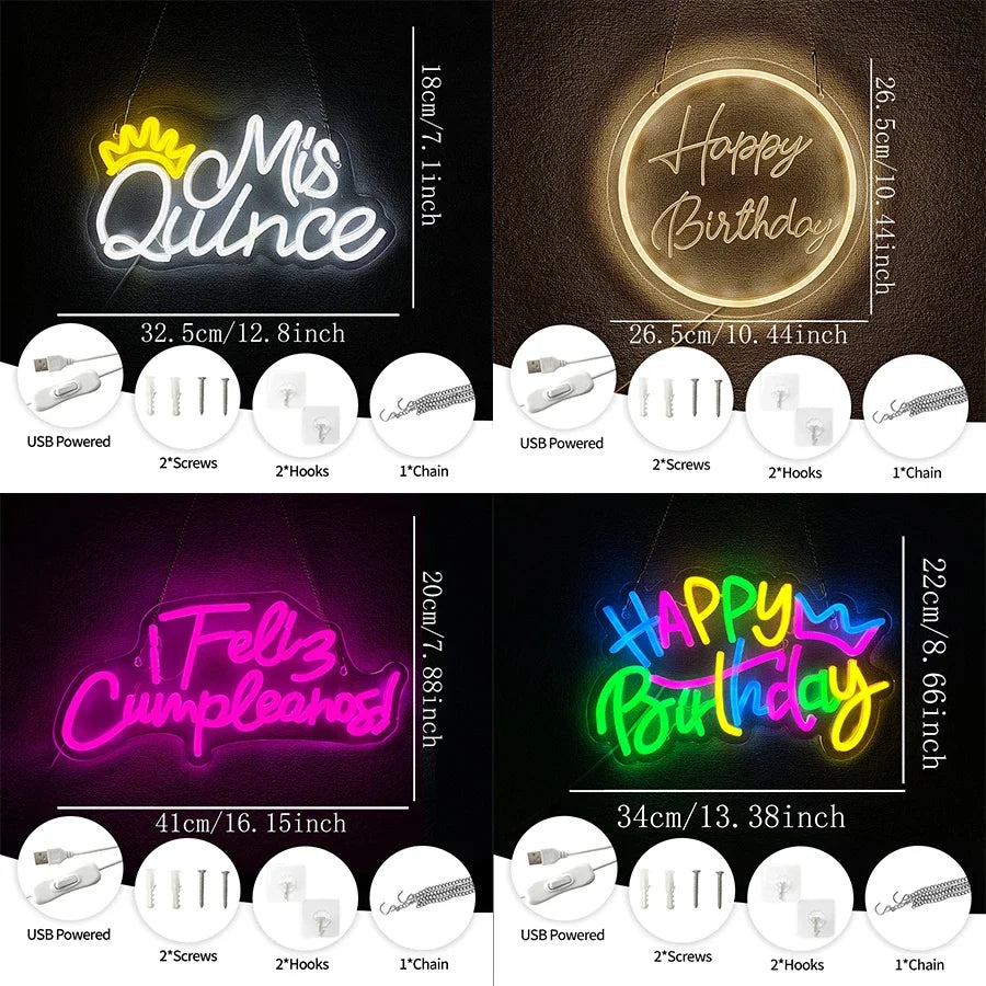 Birthday Theme Neon Sign LED Lamp set of 4 by Perfecsy; USB powered wall decor for home parties on Tampa Home & Garden Store