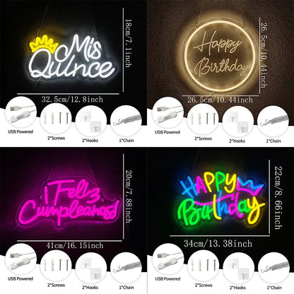 Birthday Theme Neon Sign LED Lamp set of 4 by Perfecsy; USB powered wall decor for home parties on Tampa Home & Garden Store