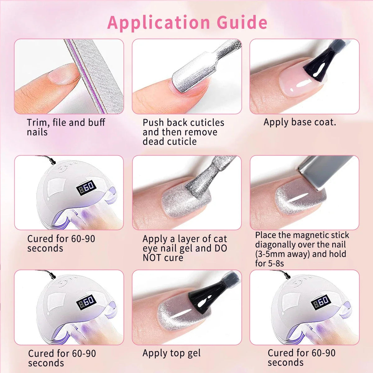 Silcy Skin 6pcs 7.5ml Cat's Eye magnetic nail gel kit with application steps and LED cure on Tampa Home & Garden Store