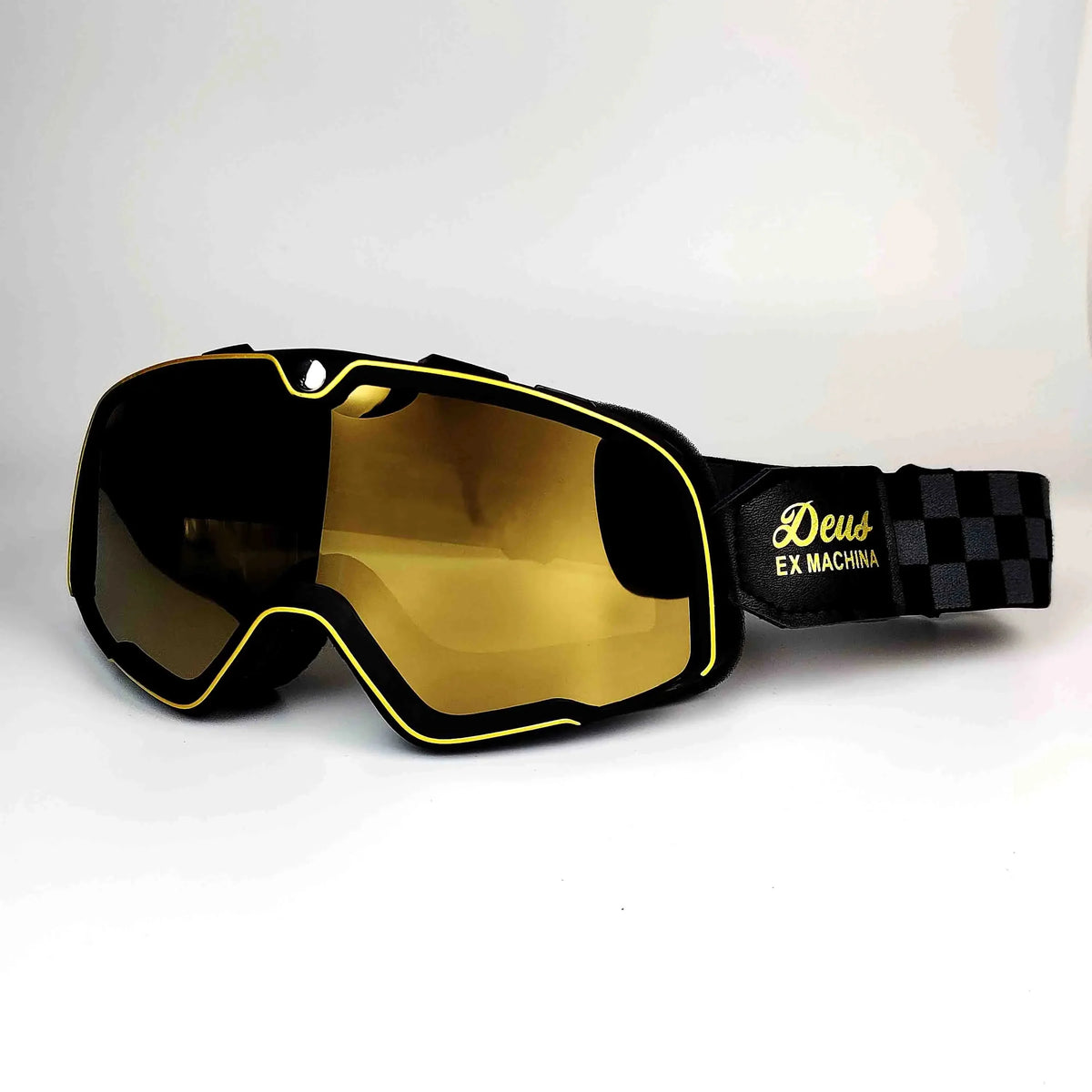 Retro Motocross Goggles black frame gold mirrored lens with yellow trim BikerZoneZ on Tampa Home & Garden Store