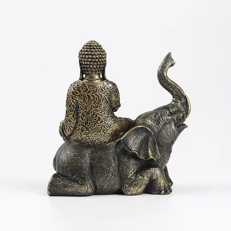 Elephant Buddha resin statue with antique bronze finish and floral robe, sitting Buddha on elephant back on Tampa Home & Garden Store