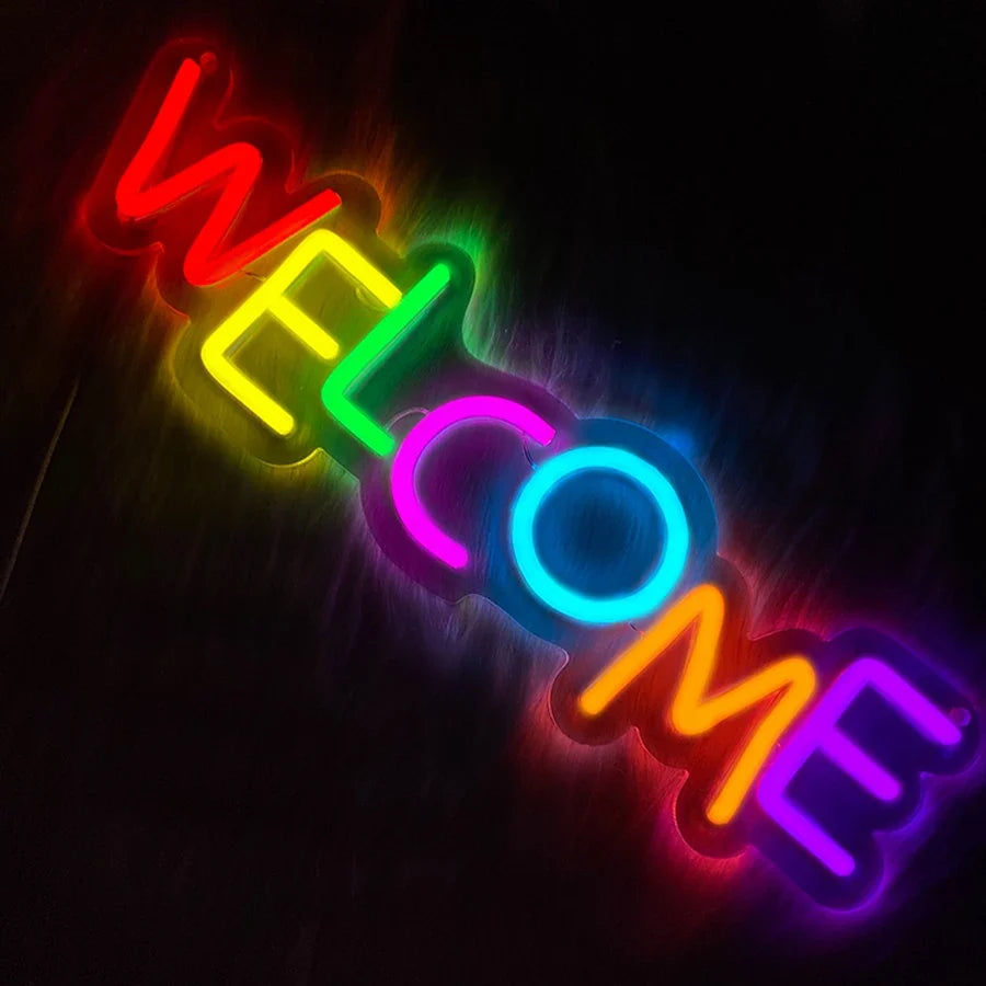 Welcome neon sign wall lamp USB powered, colorful rainbow letters for cafe bars decor on Tampa Home & Garden Store