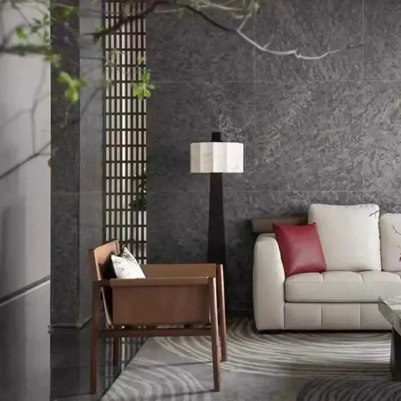 DecorBites LED Floor Lamp with black stem and white square shade in a modern Nordic living room on Tampa Home & Garden Store