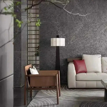 DecorBites LED Floor Lamp with black stem and white square shade in a modern Nordic living room on Tampa Home & Garden Store