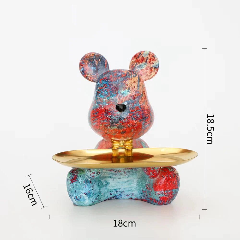 Perfecsy graffiti bear figurine with gold key tray, colorful painted texture, decorative statue on Tampa Home & Garden Store
