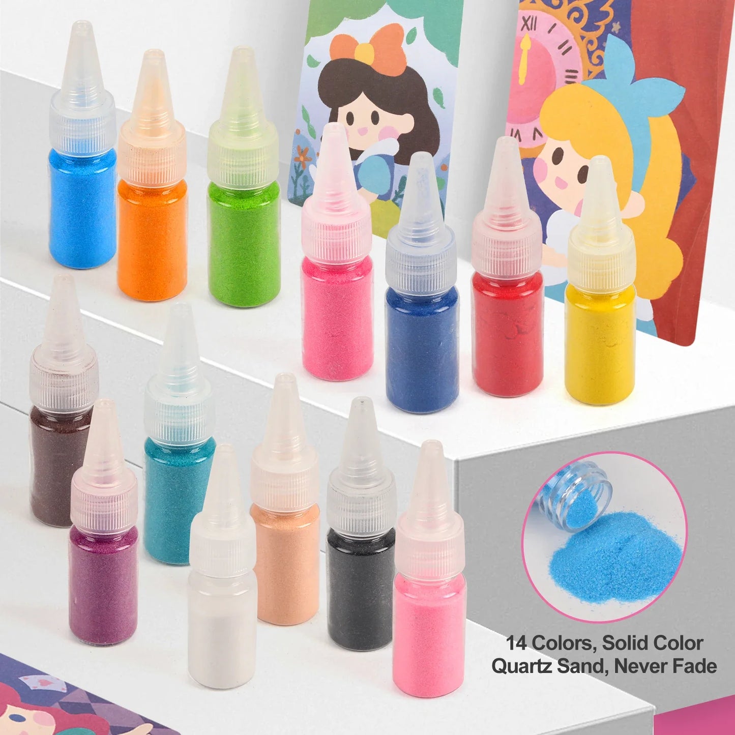 Perfecsy Sand Art Kit 14-color paints and 12 princess sand painting cards on display on Tampa Home & Garden Store