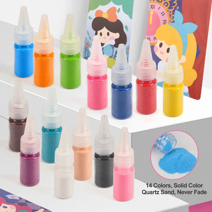 Perfecsy Sand Art Kit 14-color paints and 12 princess sand painting cards on display on Tampa Home & Garden Store