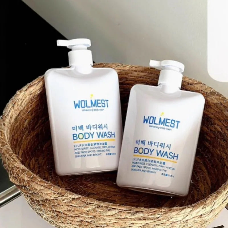 Two WOLMEST whitening body wash bottles with pump dispensers in a wicker basket on Tampa Home & Garden Store