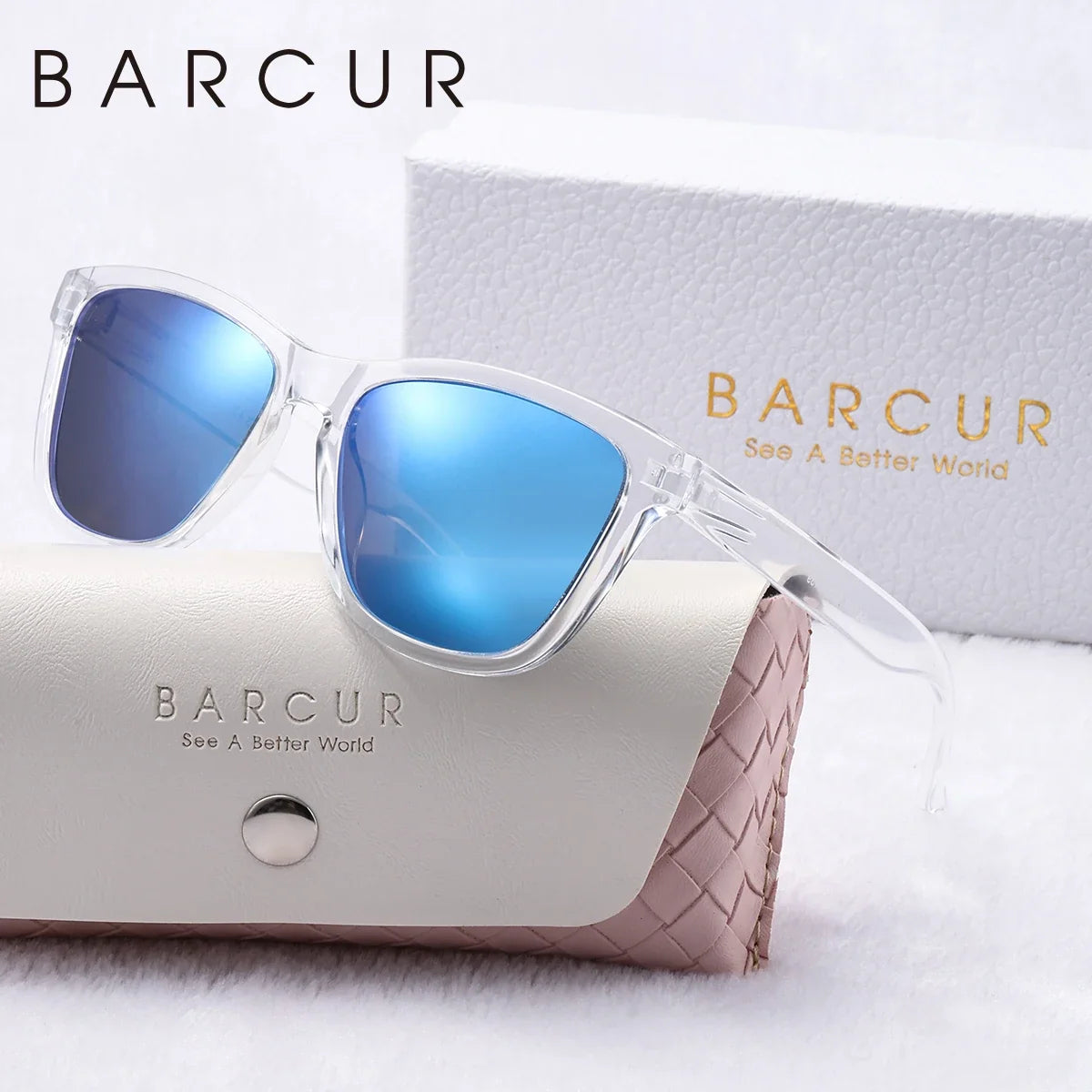 BARCUR transparent frame polarized sunglasses with blue mirrored lenses, UV400, gift box on Tampa Home & Garden Store