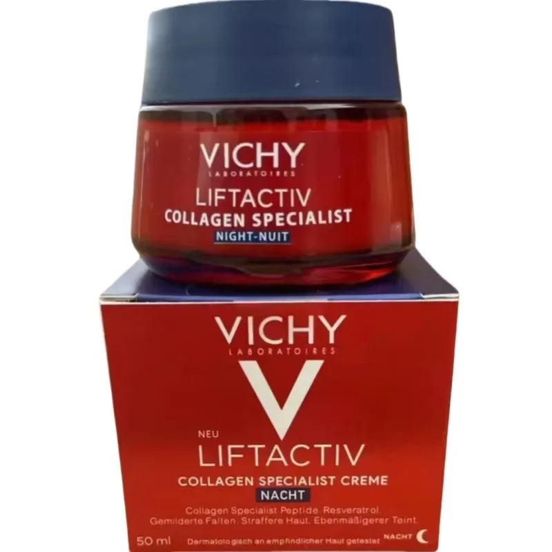 Vichy Liftactiv Collagen Specialist Night Cream jar with red bottle and blue cap on Tampa Home & Garden Store