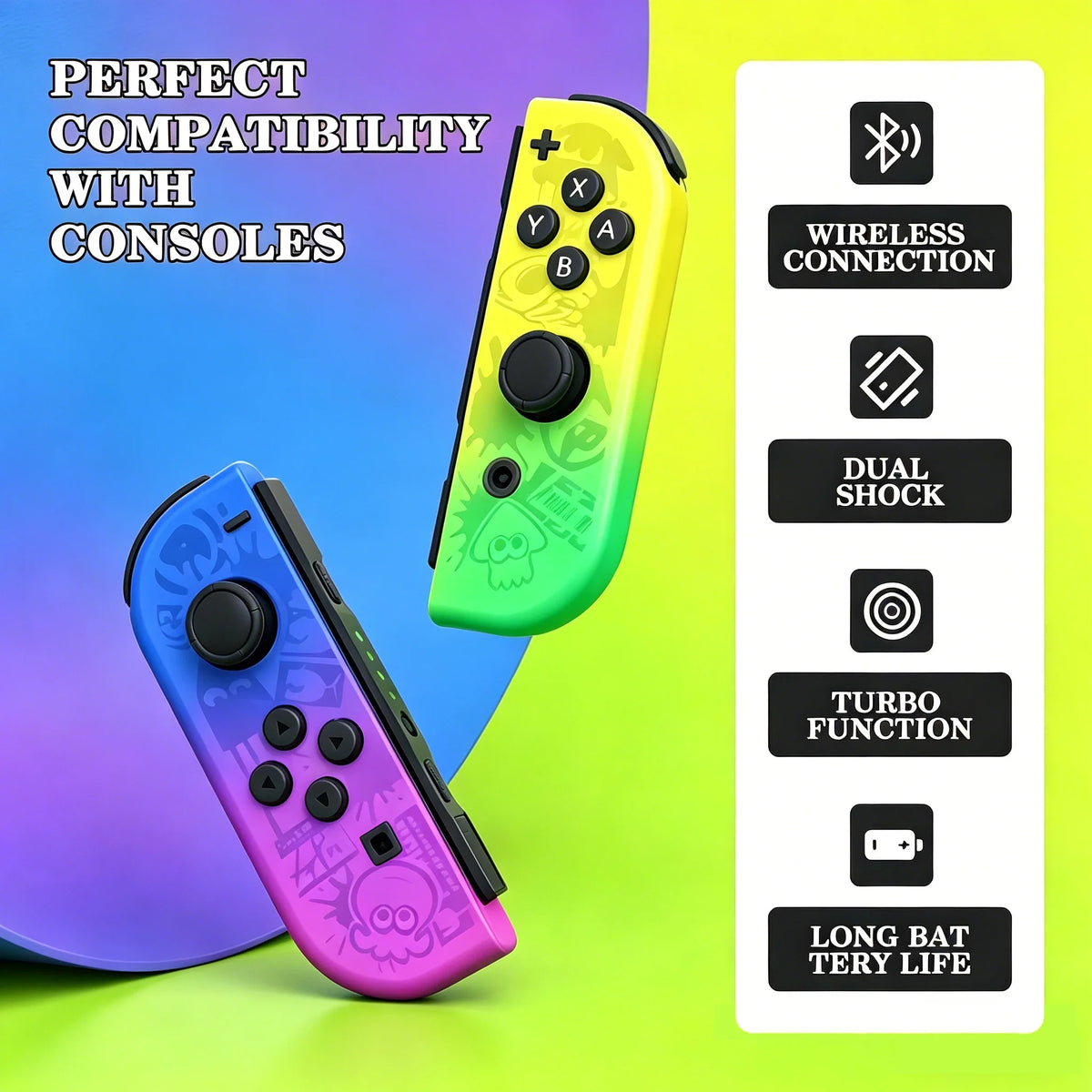 Joy-Con wireless Switch controller set in neon yellow-green, blue and purple variants on Tampa Home & Garden Store