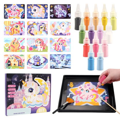 Perfecsy unicorn sand art kit with 12 painting cards and 14 colors in dropper bottles on Tampa Home & Garden Store