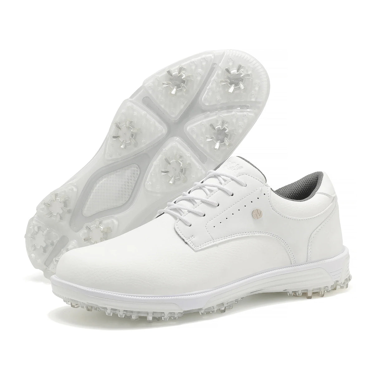 Men's white EstaliosFit waterproof golf shoes with translucent cleat outsole on Tampa Home & Garden Store