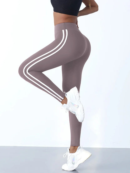 Women's striped yoga leggings UpTrend Deals in mauve with white stripes, high-waisted fit on Tampa Home & Garden Store