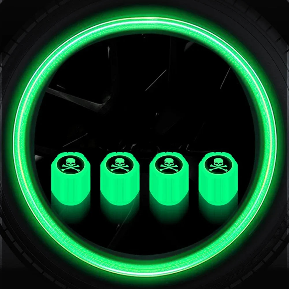 4pcs luminous valve stem caps glowing neon green with skull emblem, BikerZoneZ on Tampa Home & Garden Store