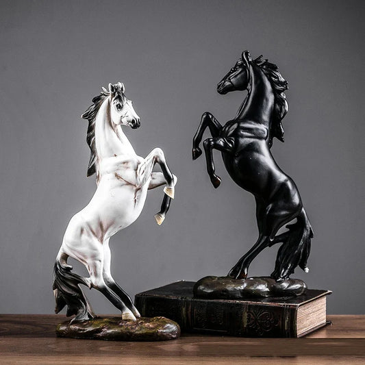 Two European style resin horse statues, white and black rearing, desktop decor Perfecsy on Tampa Home & Garden Store