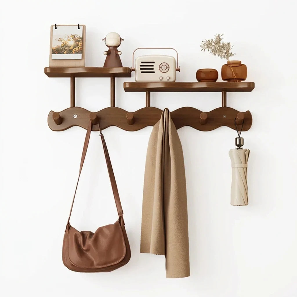 Bamboo wall coat rack with two shelves and five hooks; natural finish Moktan Sabai on Tampa Home & Garden Store