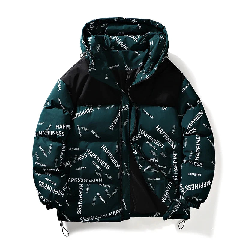 Men Winter Parka teal/black cotton-padded hooded coat with happiness print on Tampa Home & Garden Store