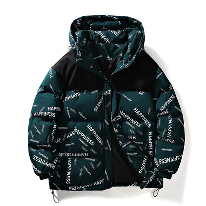 Men Winter Parka teal/black cotton-padded hooded coat with happiness print on Tampa Home & Garden Store
