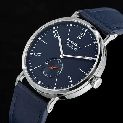 Men's Ultra-Thin Automatic Dress Watch by UpTrend Deals stainless steel case, navy dial, blue leather strap on Tampa Home & Garden Store