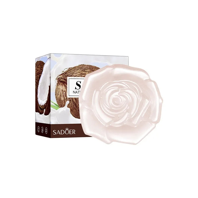 Rose-shaped bamboo charcoal soap bar beside coconut packaging Silcy Skin on Tampa Home & Garden Store