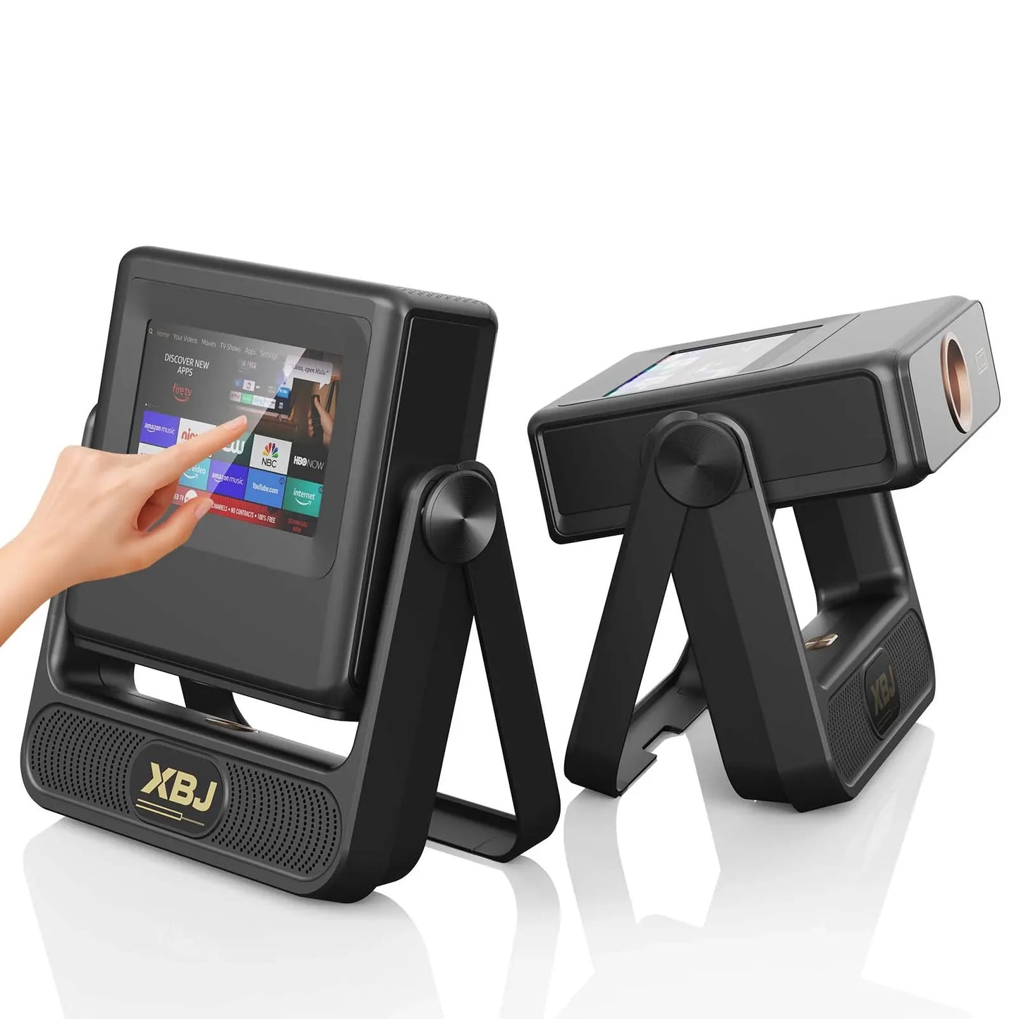 4K touch screen portable projector pair on stands; left unit shows apps, XBJ speaker grille on Tampa Home & Garden Store