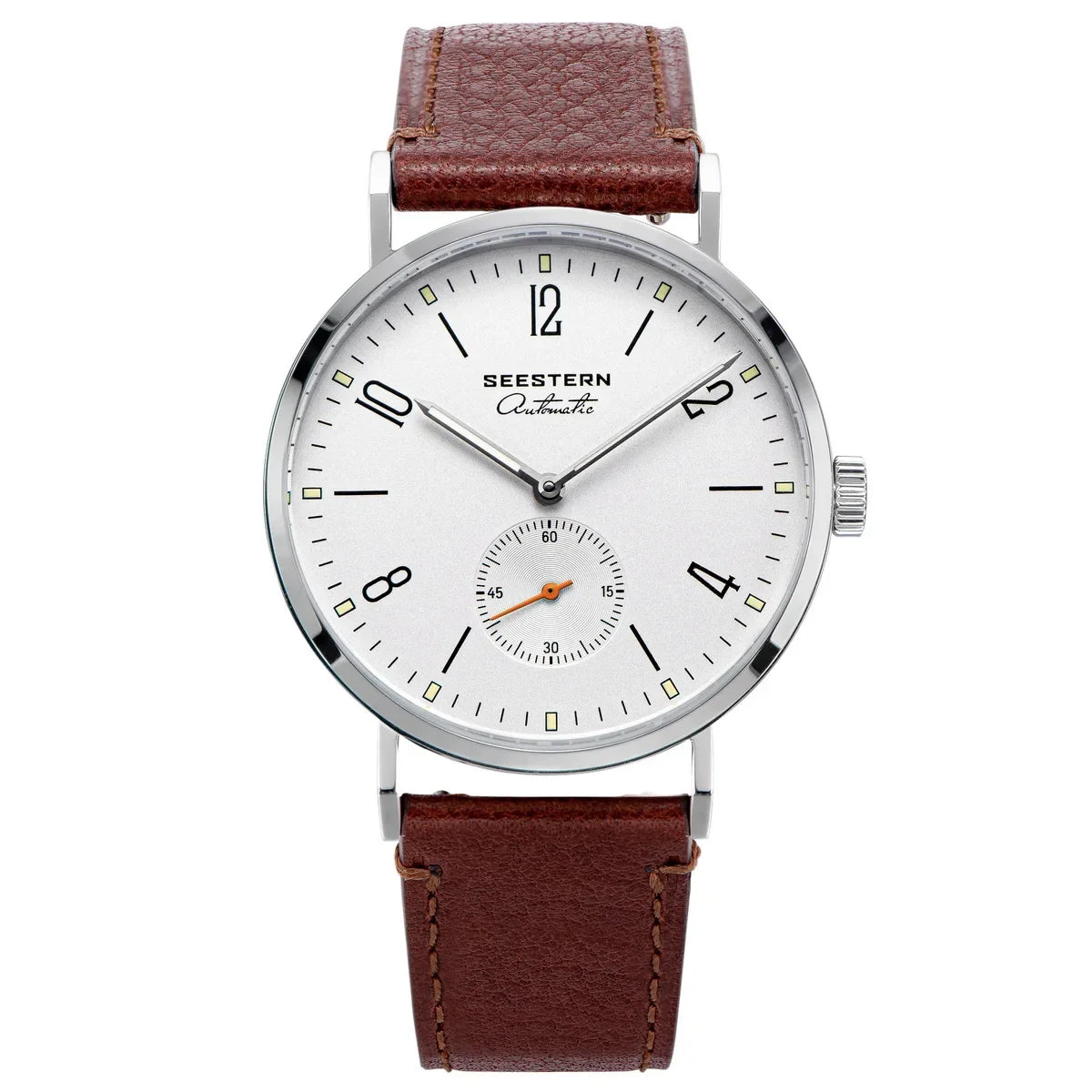 Seestern automatic men's dress watch with white dial, steel case, brown leather strap on Tampa Home & Garden Store