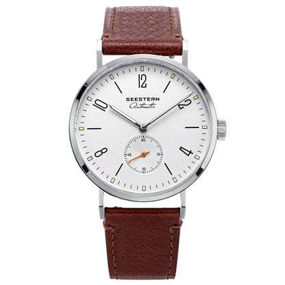 Seestern automatic men's dress watch with white dial, steel case, brown leather strap on Tampa Home & Garden Store