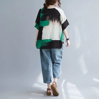 Women Summer T-shirt retro cotton linen top color-block green black white UpTrend Deals on Tampa Home & Garden Store