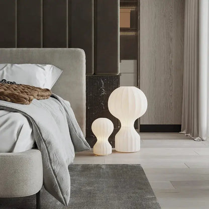 DecorBites LED fabric floor lamp pair, white spherical bases, modern bedroom decor on Tampa Home & Garden Store