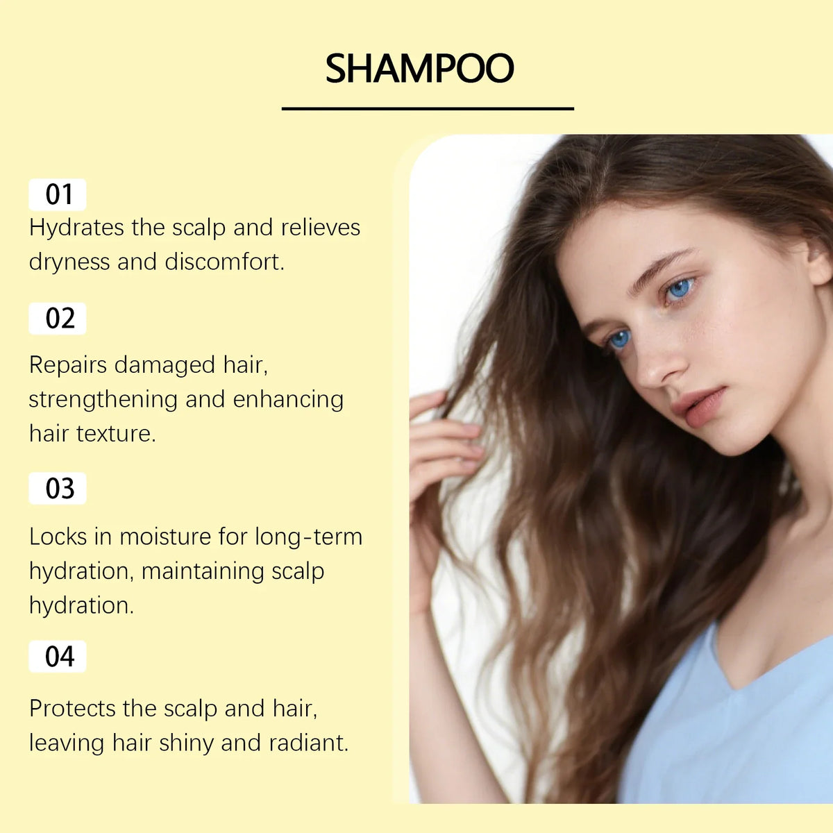 Shampoo Rosemary Hair Care by Silcy Skin infographic with model on pale yellow background on Tampa Home & Garden Store