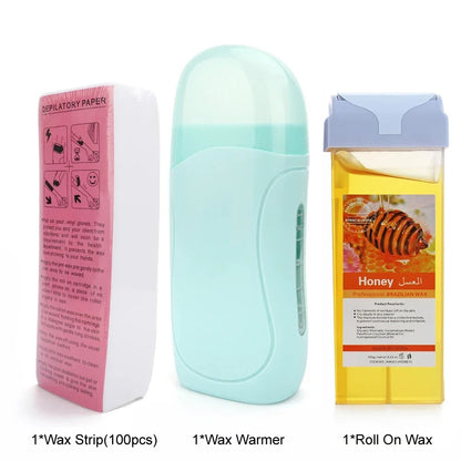 Roll-On waxing kit by Silcy Skin: blue wax warmer, pink wax strips box, and yellow honey wax on Tampa Home & Garden Store