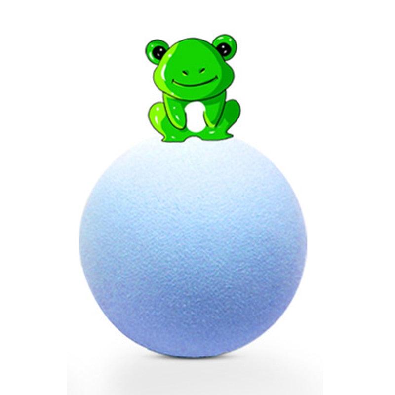 Blue textured gravity ball cat toy with green frog graphic on Tampa Home & Garden Store