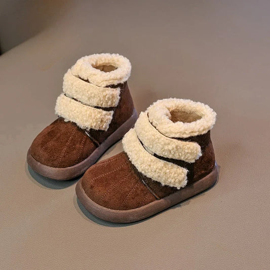 Pair of brown suede girls' winter boots with cream plush shearling straps, UpTrend Deals on Tampa Home & Garden Store