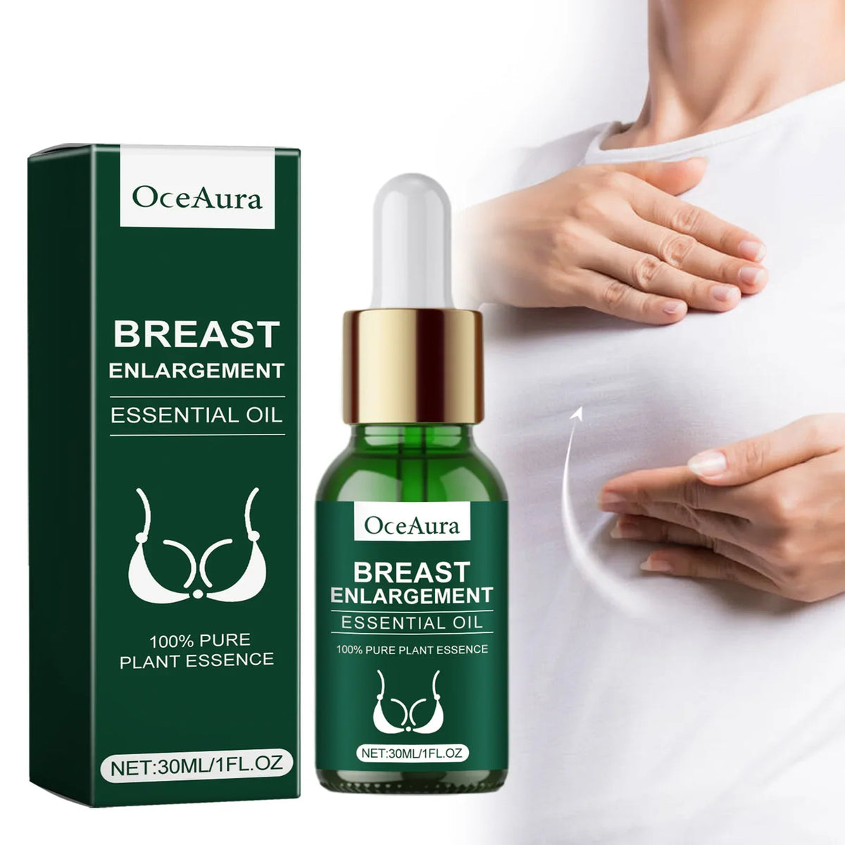 Breast enlargement essential oil OceAura green dropper bottle with gold cap beside green box on Tampa Home & Garden Store
