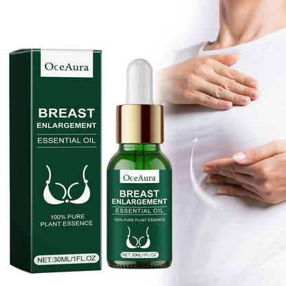 Breast enlargement essential oil OceAura green dropper bottle with gold cap beside green box on Tampa Home & Garden Store