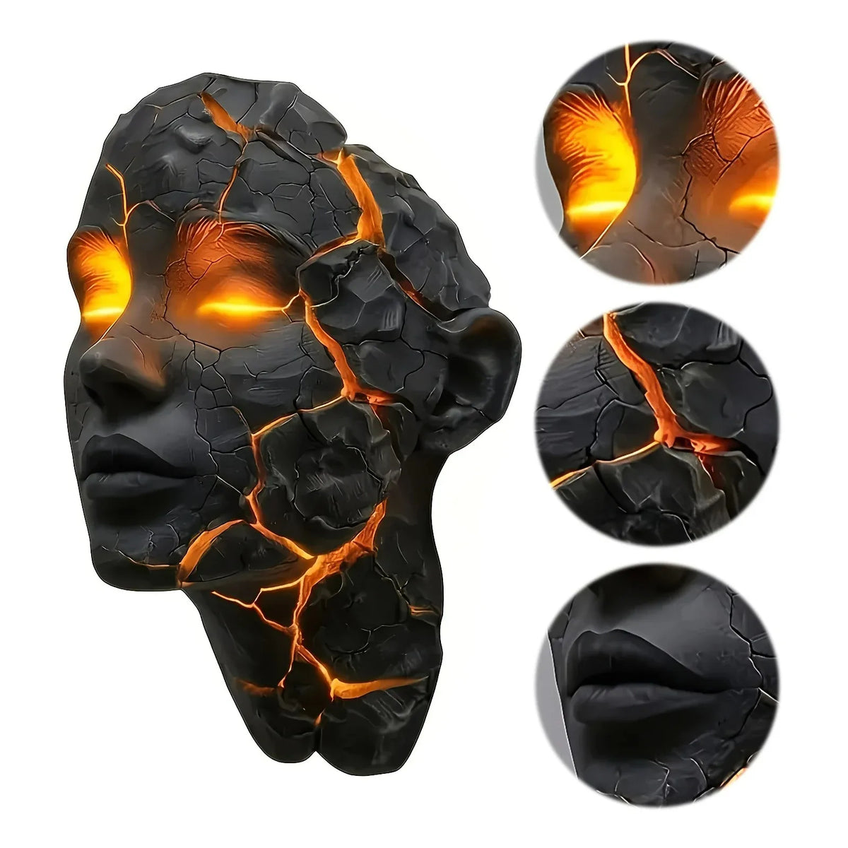 Cracked Soul wall lamp sculpture in black resin with orange lava cracks Perfecsy decor on Tampa Home & Garden Store